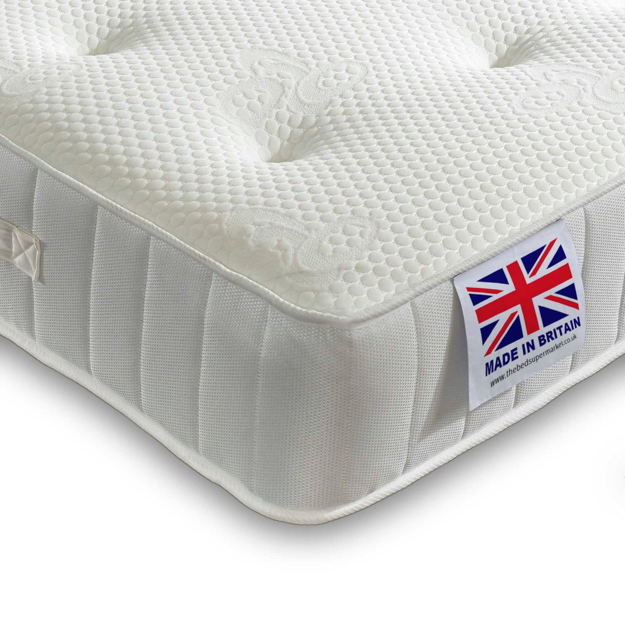 Weymouth memory foam mattress with white Cool Touch quilted top – corner close up double size on white background.