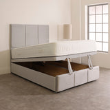 A Neptune Ottoman Storage Divan Bed Base with a beige fabric cover, featuring a headboard and FOOTBOARD OSG, with the ottoman storage space visible.